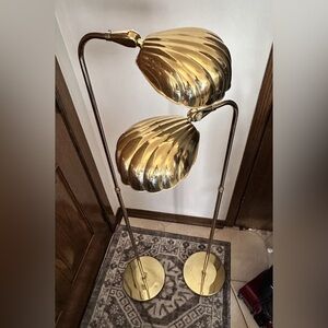 Pair Vintage Art Deco Hollywood Regency MCM Brass Clamshell Pharmacy Style Lamps